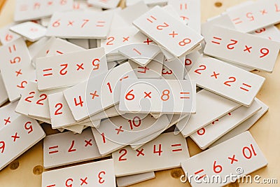 Montessori classroom material for learning children in the area of â€‹â€‹mathematics, addition, subtraction and counting up to Stock Photo